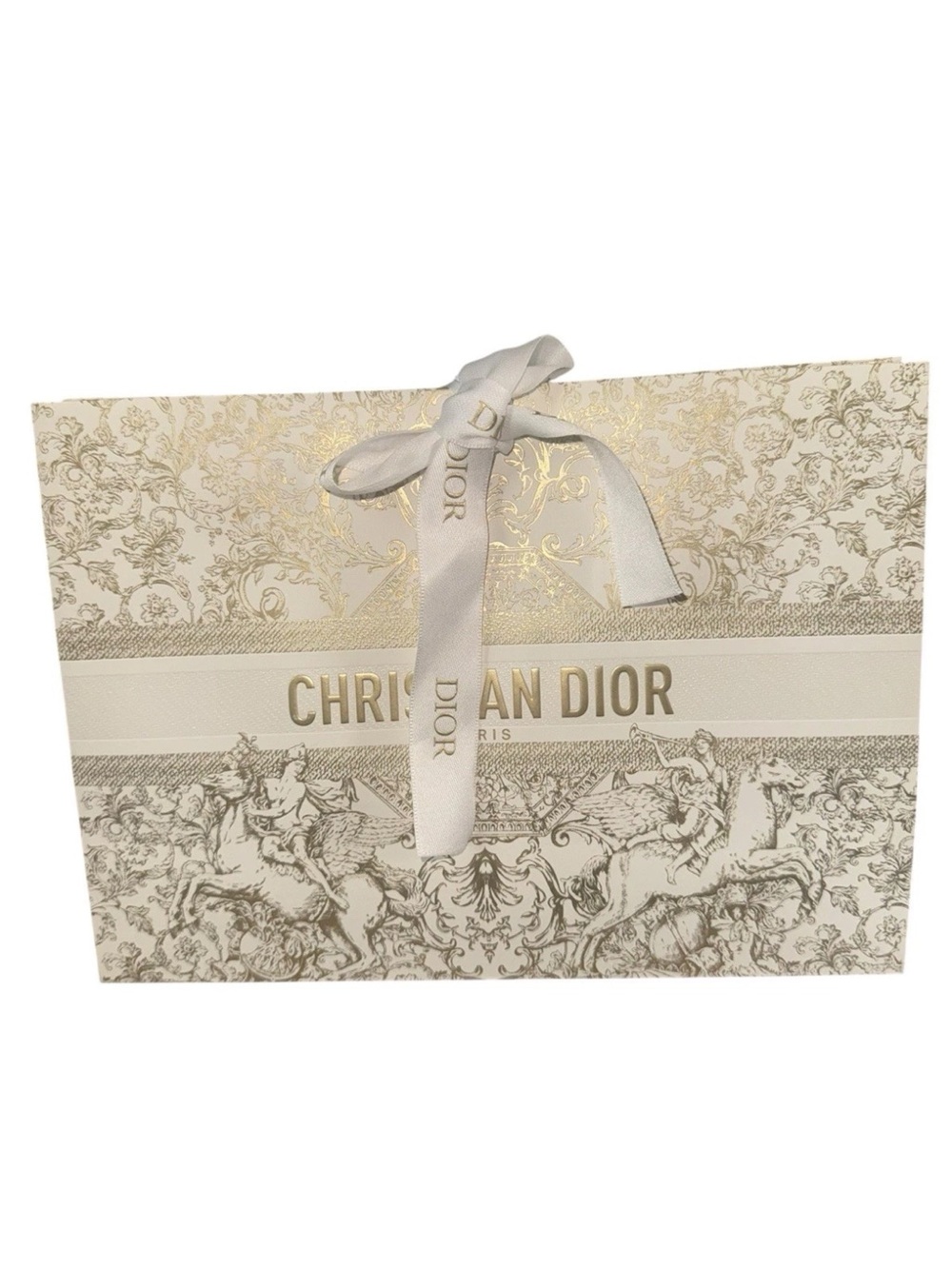 DIOR GIFT BAG  Gold White Ribbon collapsible 9.5 x 7 x 3.5 " HOLIDAY